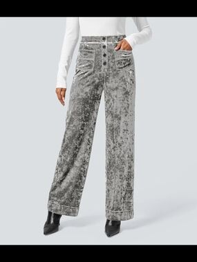 HALARA Silver Crushed Velvet Wide-Leg Pants